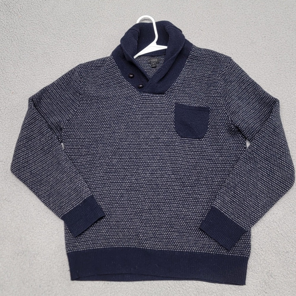 J Crew Sweater Mens Medium Blue Lambswool Shawl Collar Pocket Knit Pullover
